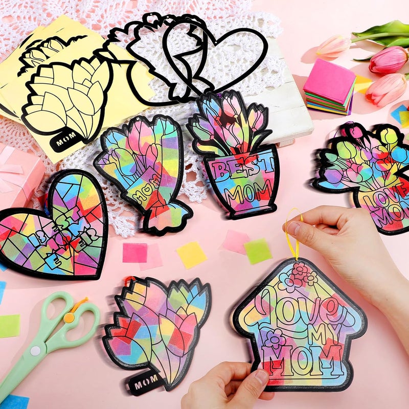 Eersida 32 Pcs Mothers Day Suncatchers Paper Craft Set DIY Flower Shaped Stained Glass Tissue Paper Kits Bulk for Activities Window Art Party Decorations Gift - Image 2